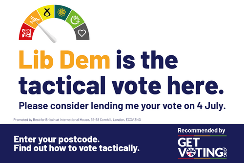 Lib Dem is the tactical vote choice in Fareham and Waterlooville according to @bestforbritain's tactical voting campaign GetVoting.org. Please consider lending me your vote if you want to defeat the Tories on 4 July.